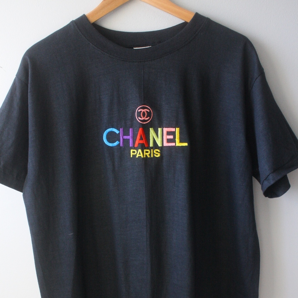 Vintage Chanel Bootleg Embroidered T-Shirt Black L